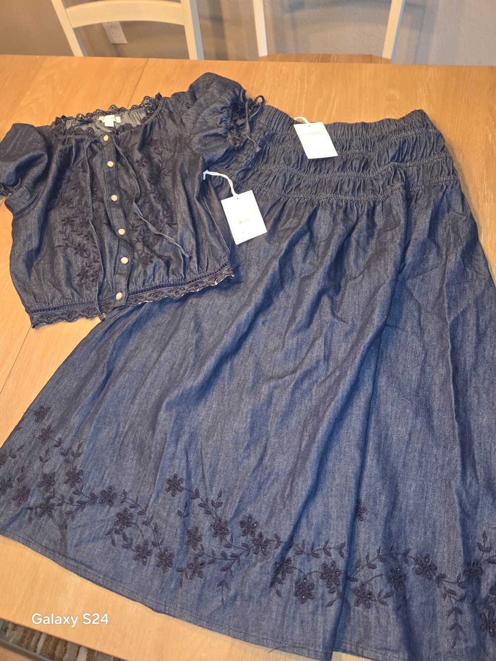 Womens XS Free Assembly Smocked Maxi Skirt Crop Top Denim Look Outfit New